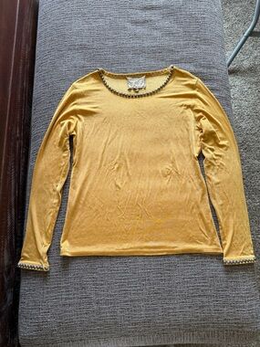 Double D Ranch Mustard Long-Sleeve Top with Beaded Trim